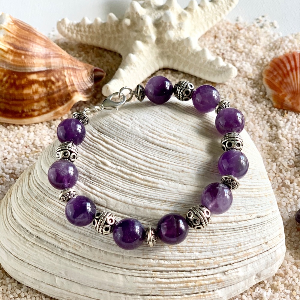 Genuine Amethyst Ornate Beaded Bracelet